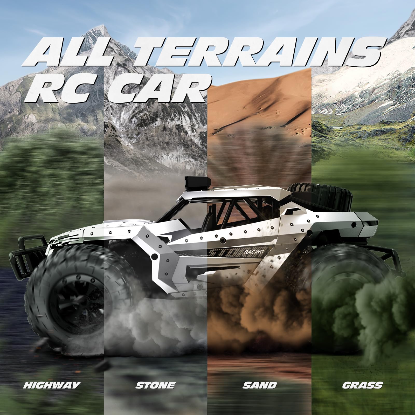 Tecnock RC car all-terrain tires conquer sand, grass, and pavement