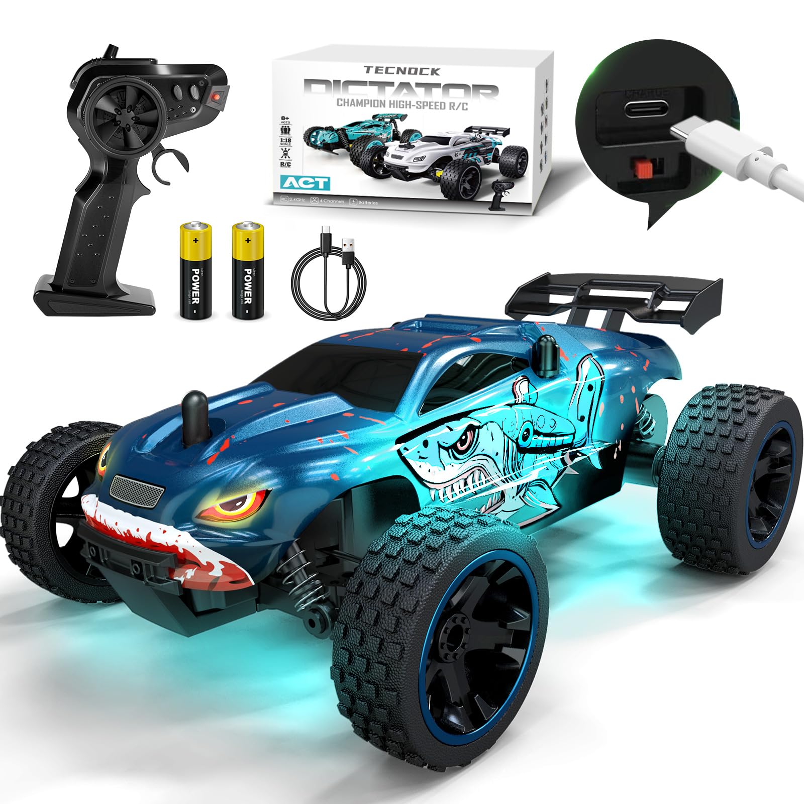 Tecnock RC car front view with shark design and LED lights for night play