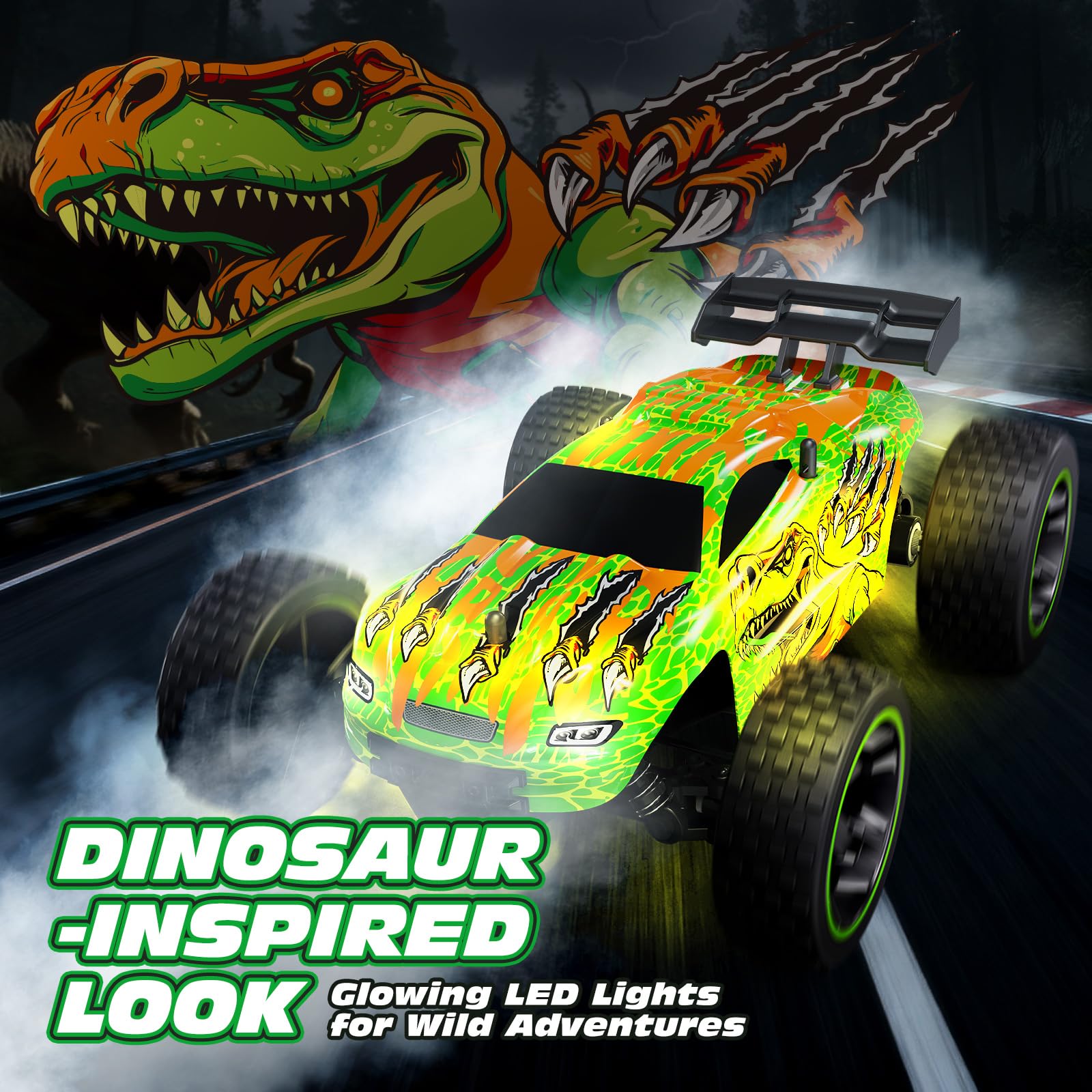 Tecnock RC car LED lights illuminate action during night play.