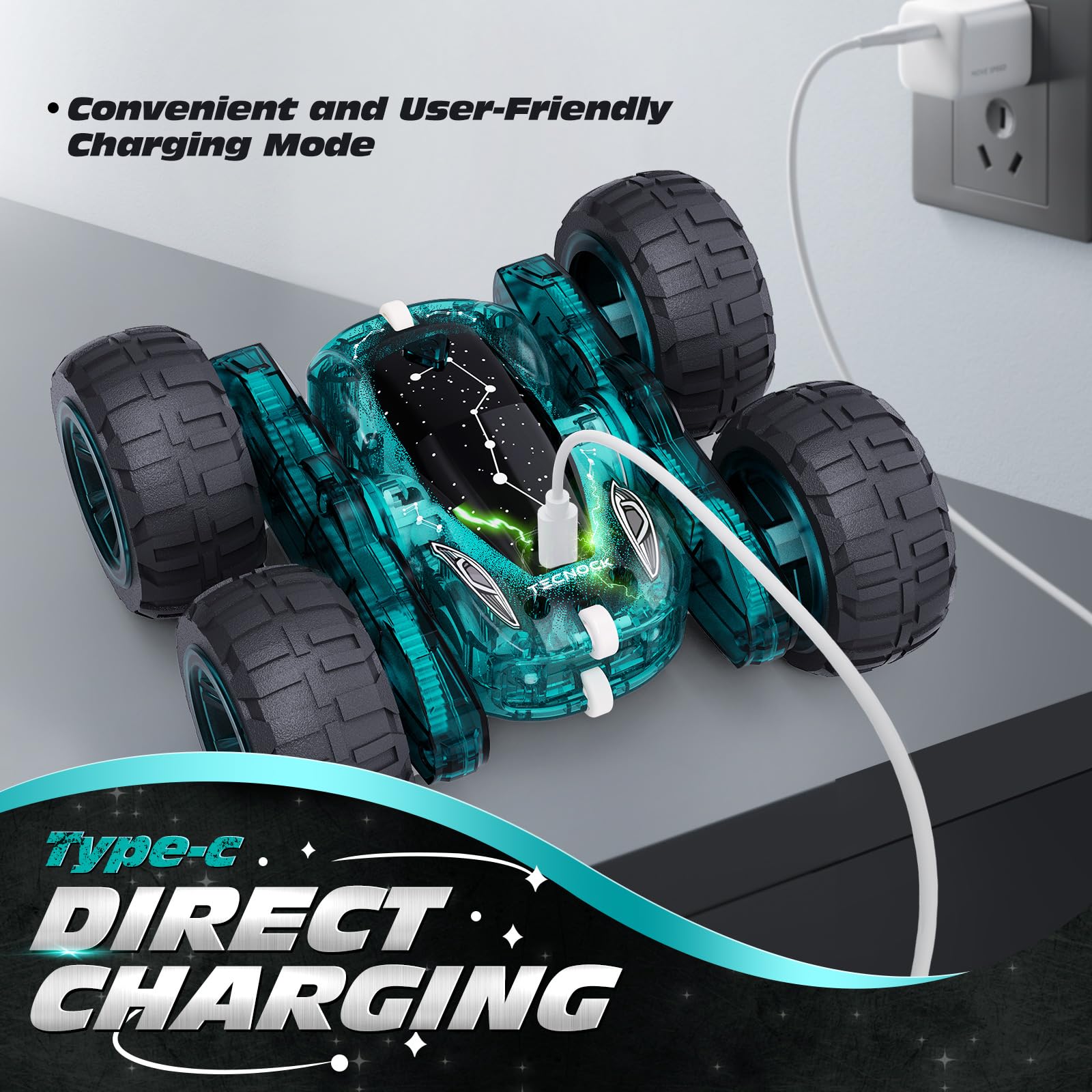 Tecnock RC car with USB-C charging port for quick, convenient recharges.