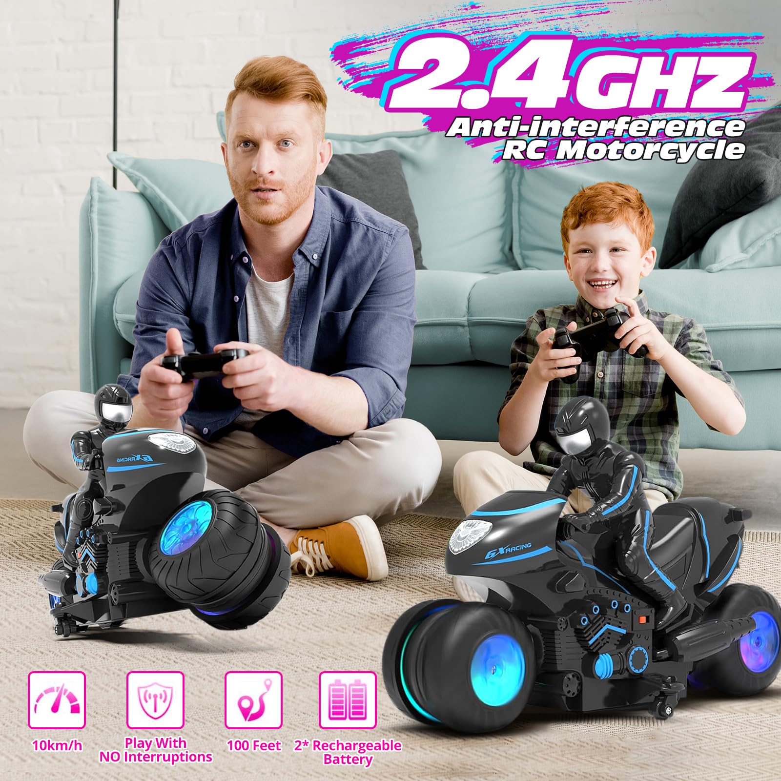 Tecnock RC Motorcycle includes rechargeable batteries for longer play sessions.
