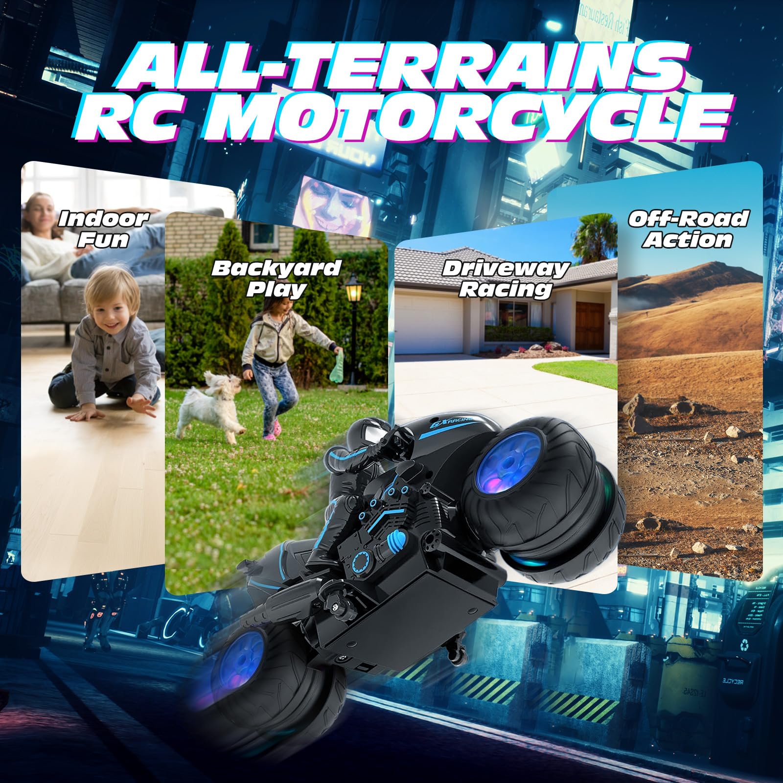 Tecnock RC Motorcycle uses 2.4GHz remote for easy multiplayer racing.
