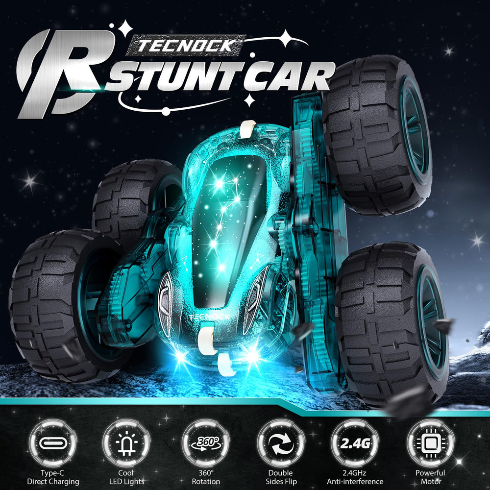 Tecnock stunt car performing 360 spins and 180 flips for dynamic play.