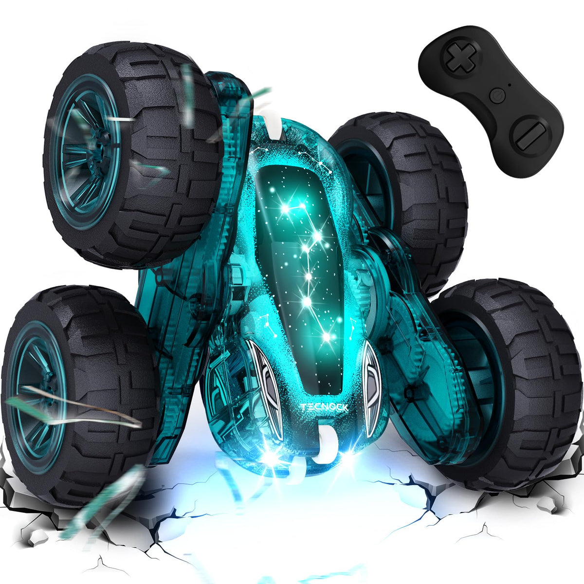 Tecnock remote control car with blue star design for engaging night drives.