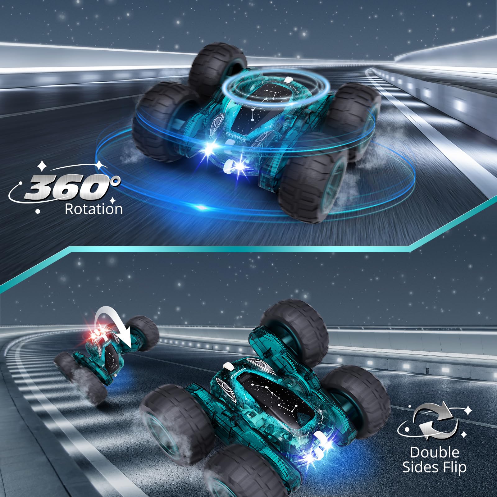Tecnock RC car with LED star lights for eye-catching night action.