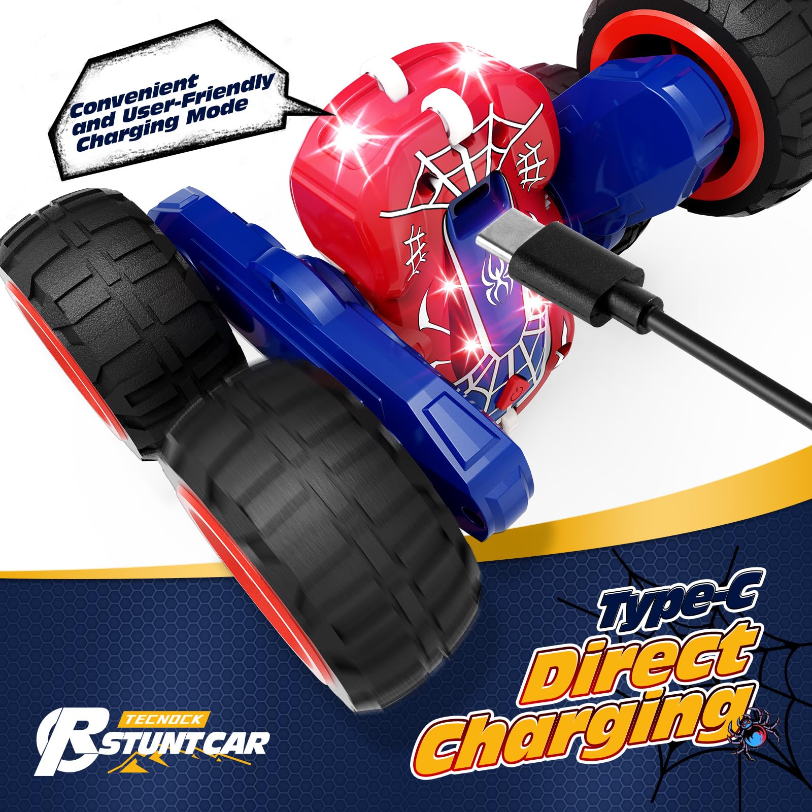 Tecnock Spider RC car flip-180 trick shot ready for dynamic play.