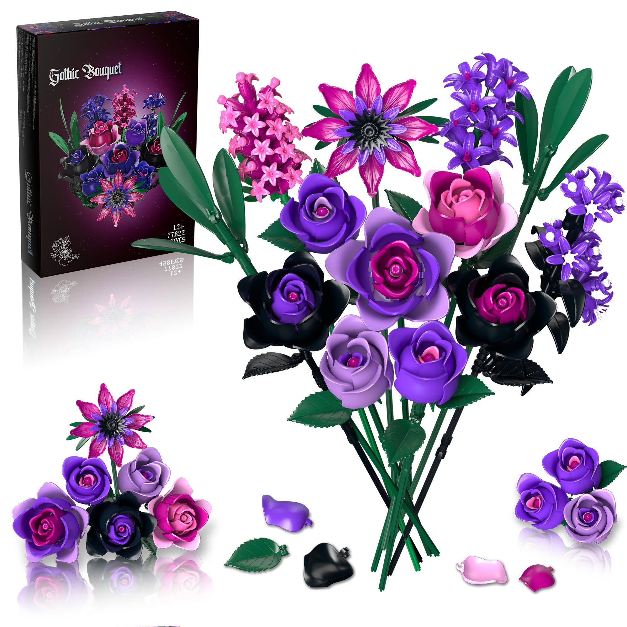 Teefrye Purple Rose Bouquet Building Set hero image with gothic-inspired arrangement