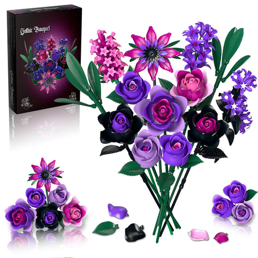 Teefrye Purple Rose Bouquet Building Set hero image with gothic-inspired arrangement