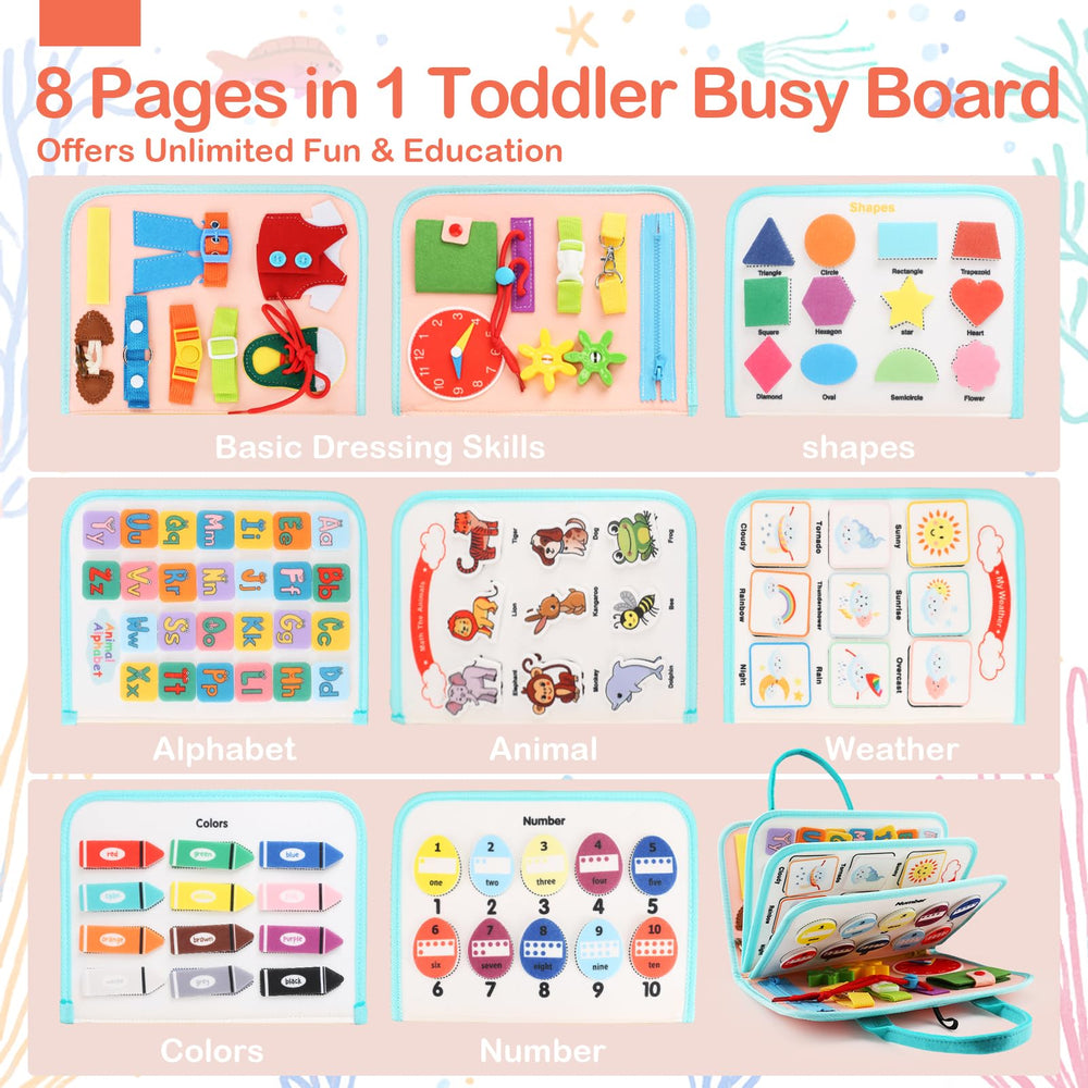 Teefrye busy board with travel-friendly handles for car and plane play