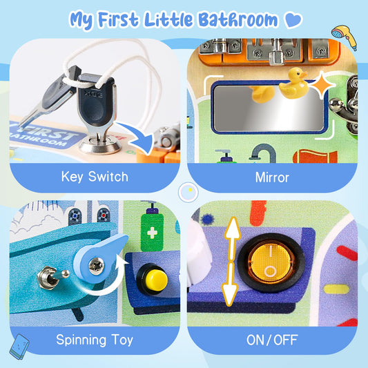 Teekdeer Busy Board bathroom-theme encourages imaginative role-play at home.