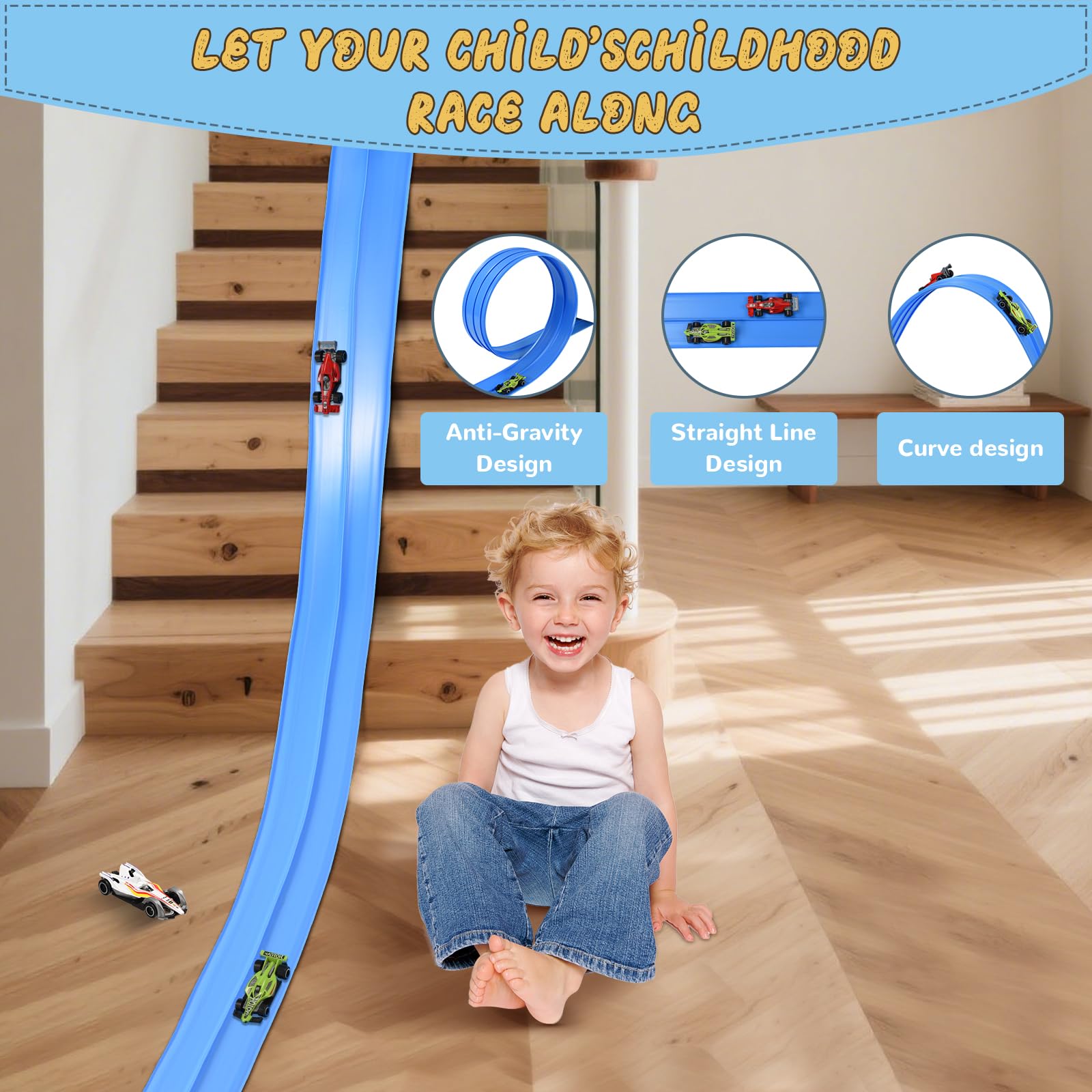 Kids race Hot Wheels and 1/64 cars on Tefiohen track.