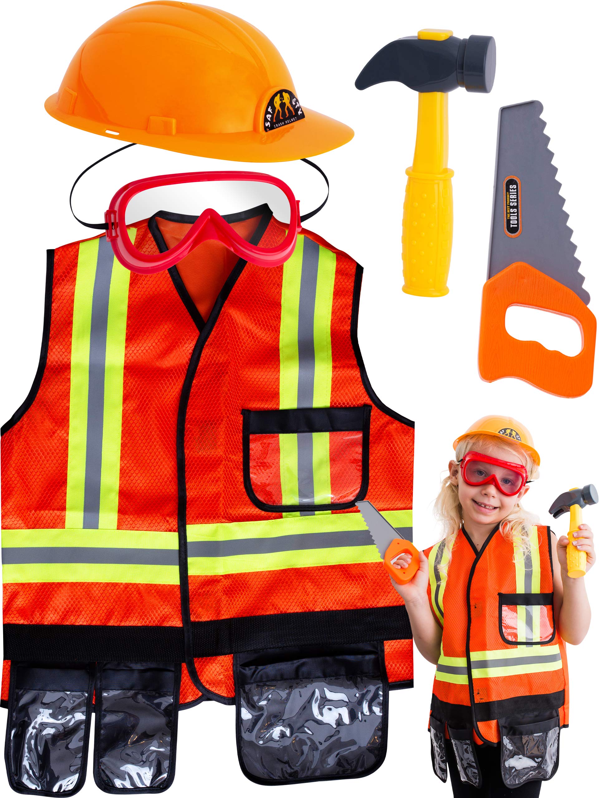 TeganPlay construction vest front view with reflective stripes for safe pretend play.