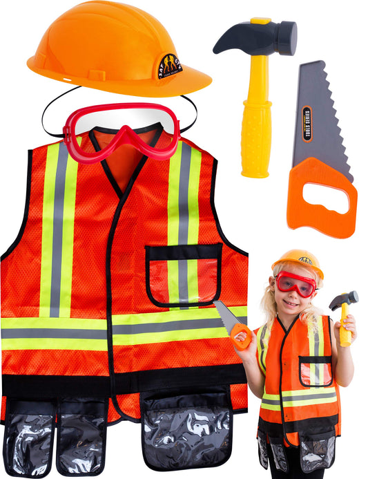 TeganPlay construction vest front view with reflective stripes for safe pretend play.