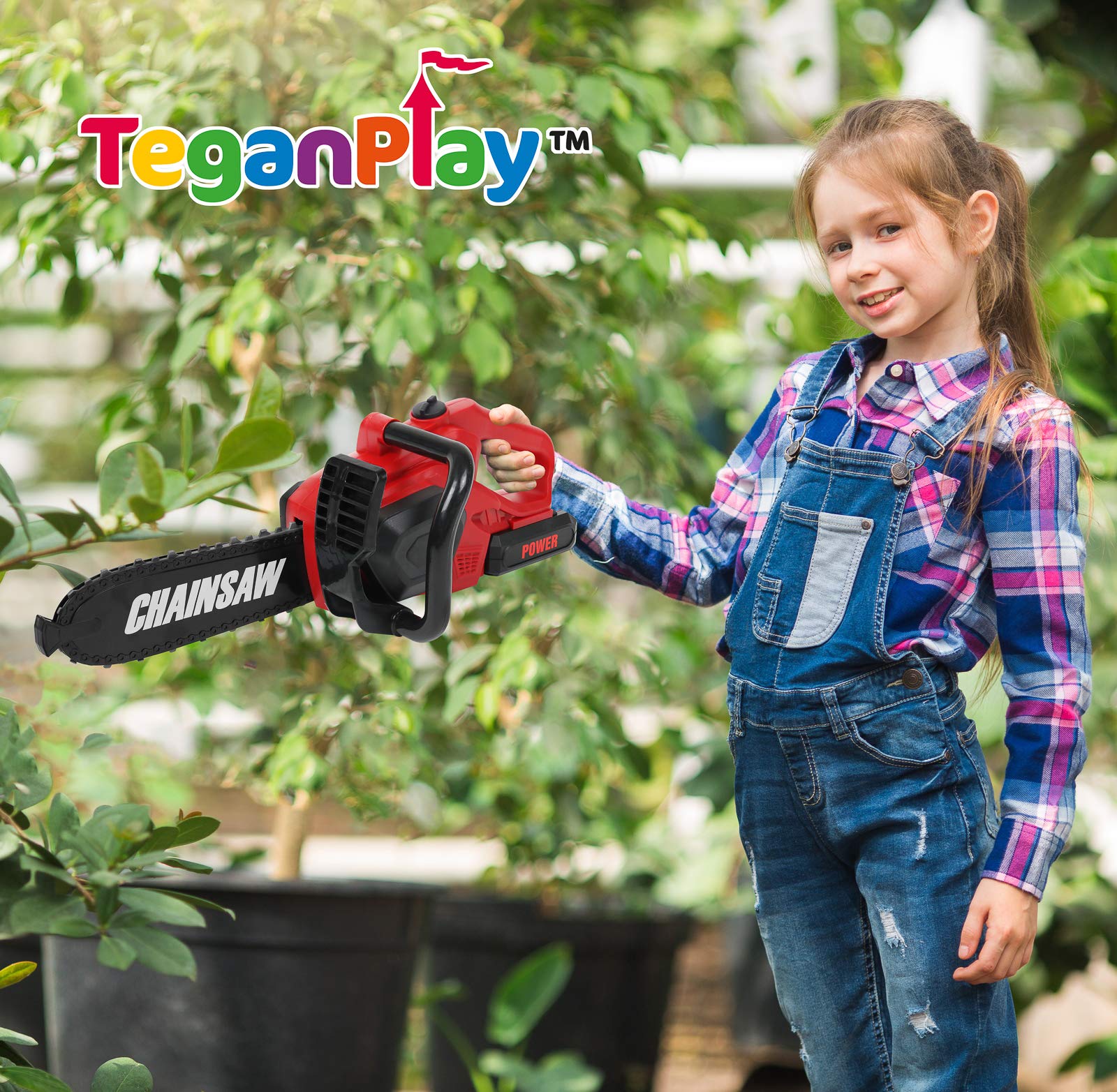 TeganPlay chainsaw in motion for authentic pretend gardening