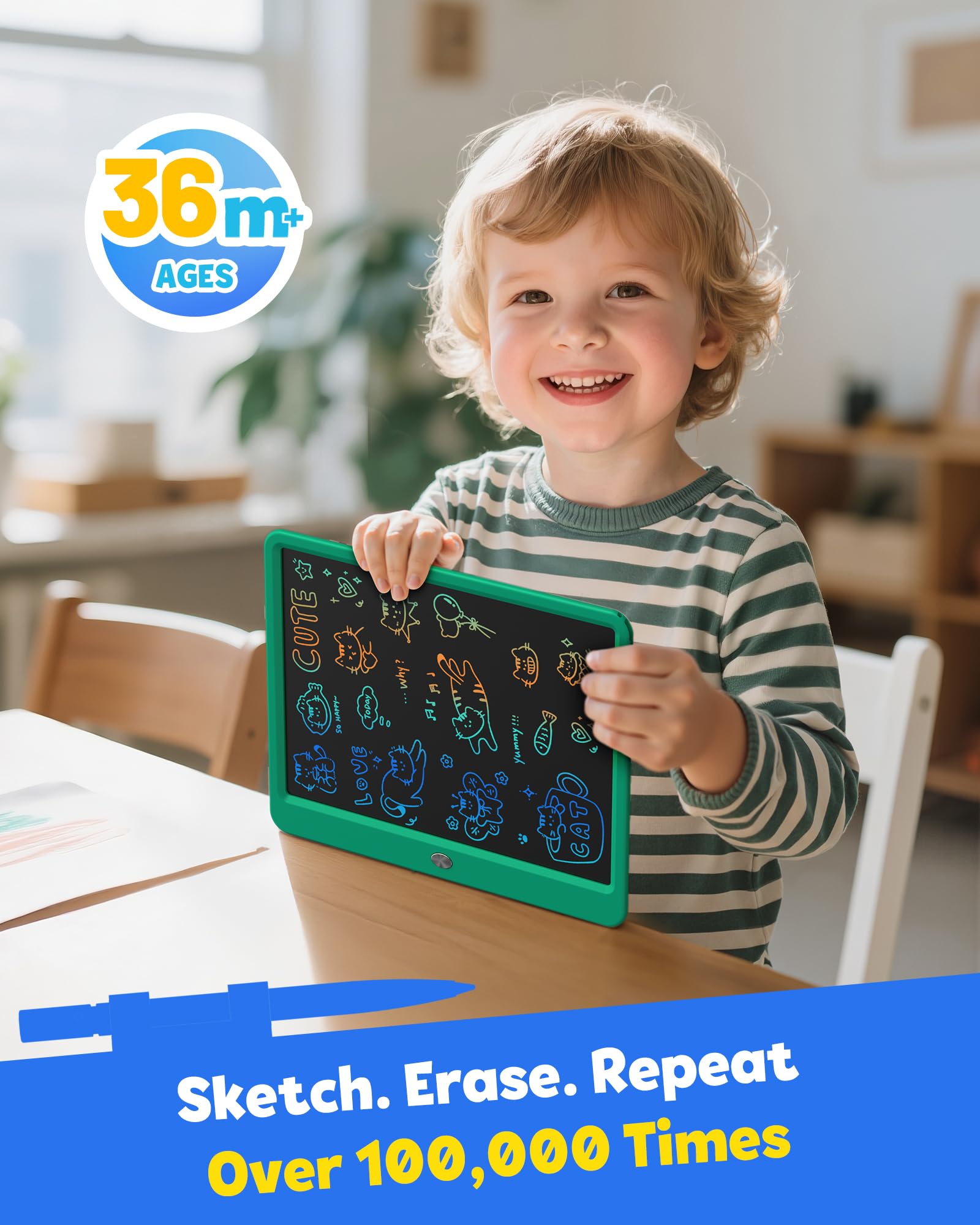TEKFUN green LCD doodle display showing colorful drawing for creativity