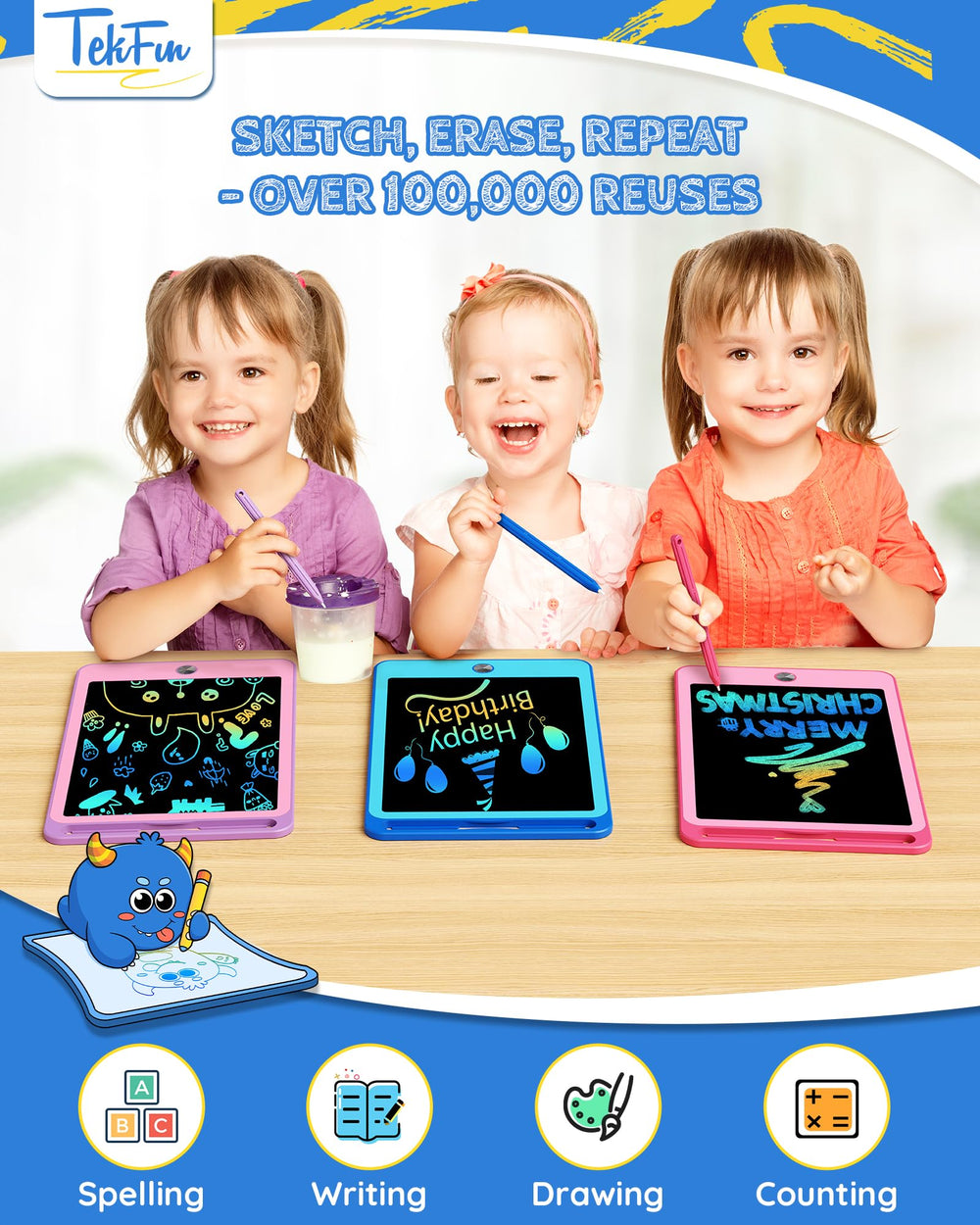 TEKFUN pink 8.5-inch LCD tablet ideal for kids' travel drawings.