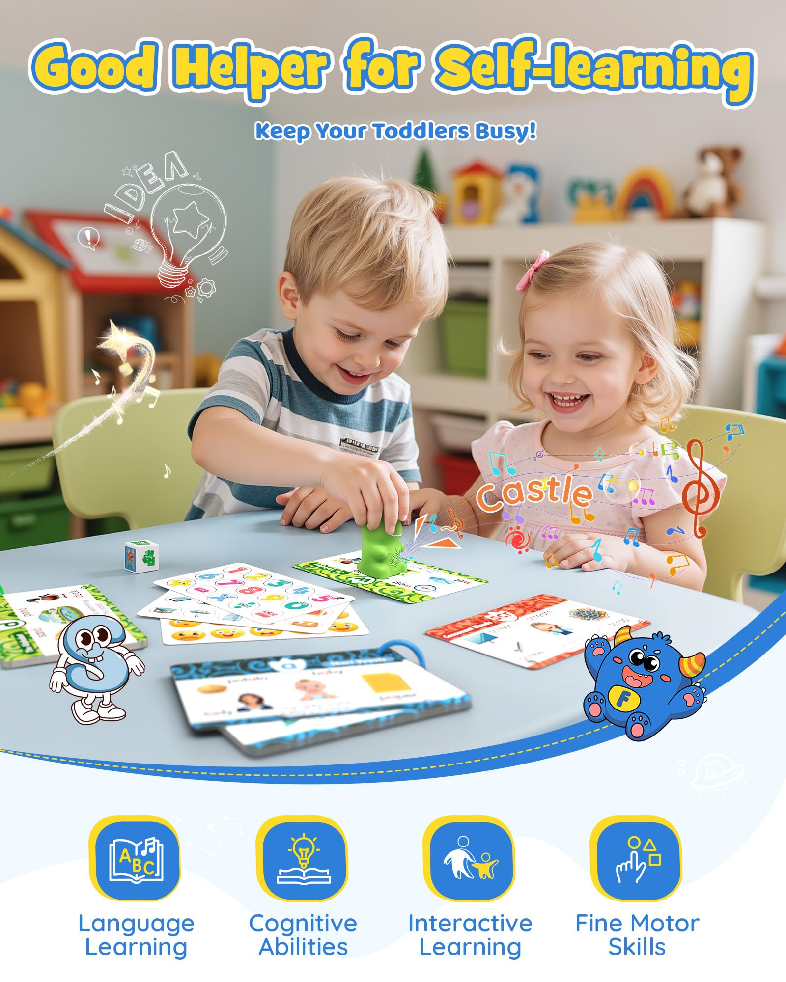 TEKFUN 73 flash cards laid out for letter and vocabulary practice
