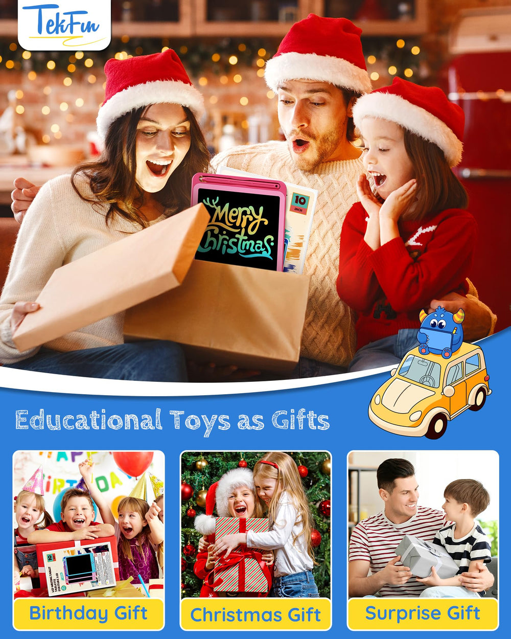 TEKFUN erase button for quick screen clearing during play and learning.