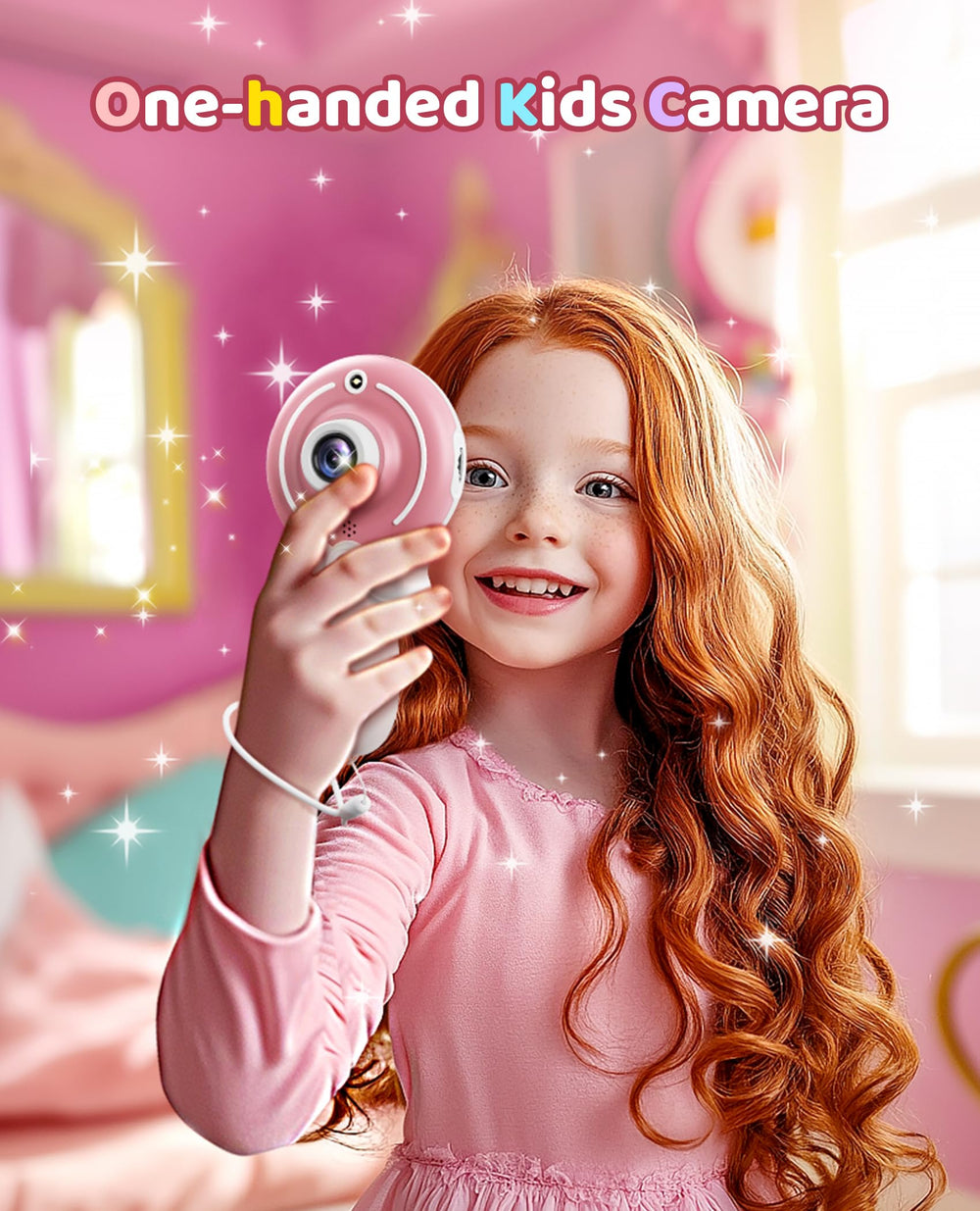 TEKFUN kids camera wand pink held by child highlighting portability for on-the-go play