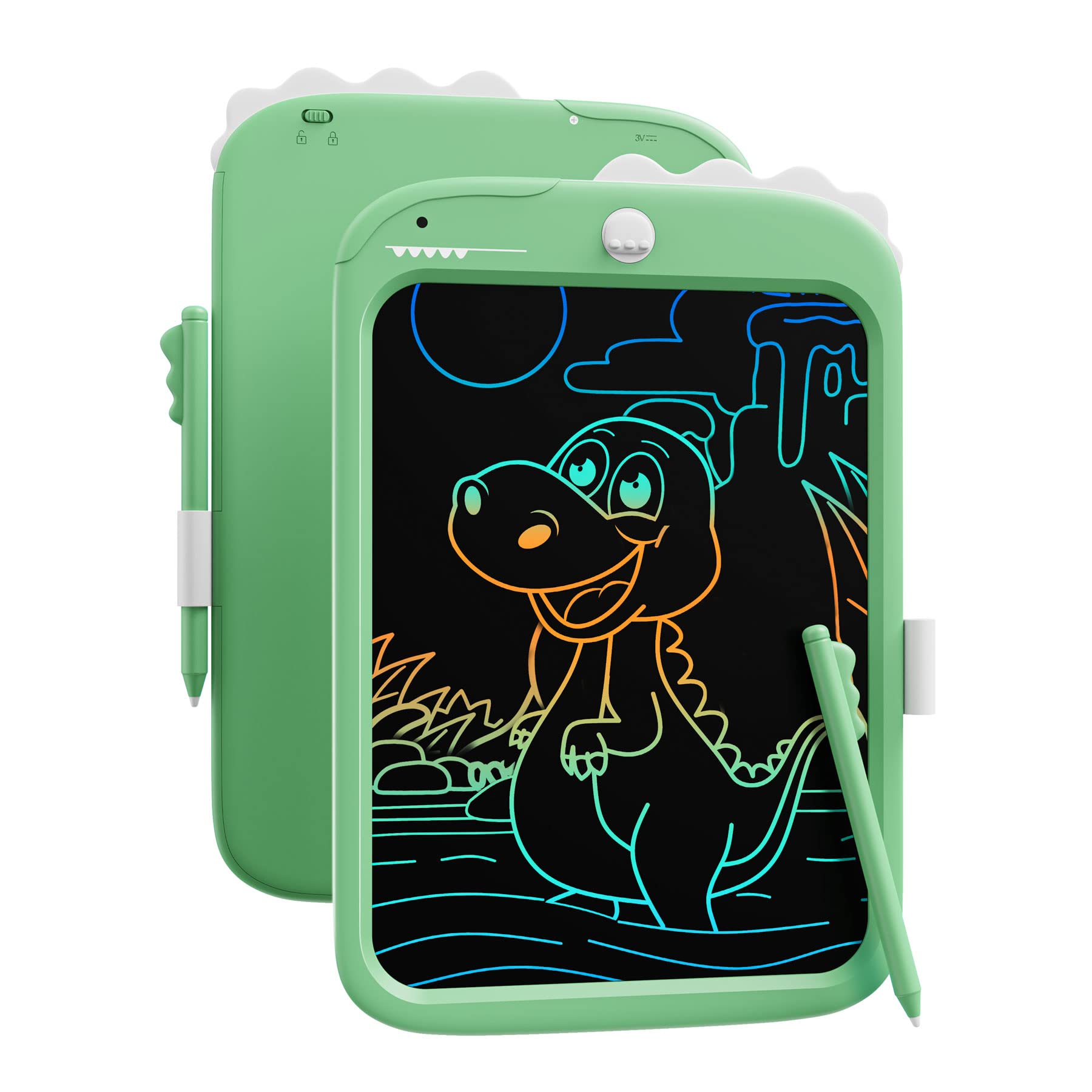 TEKFUN LCD Writing Tablet green dinosaur front view for mess-free doodling