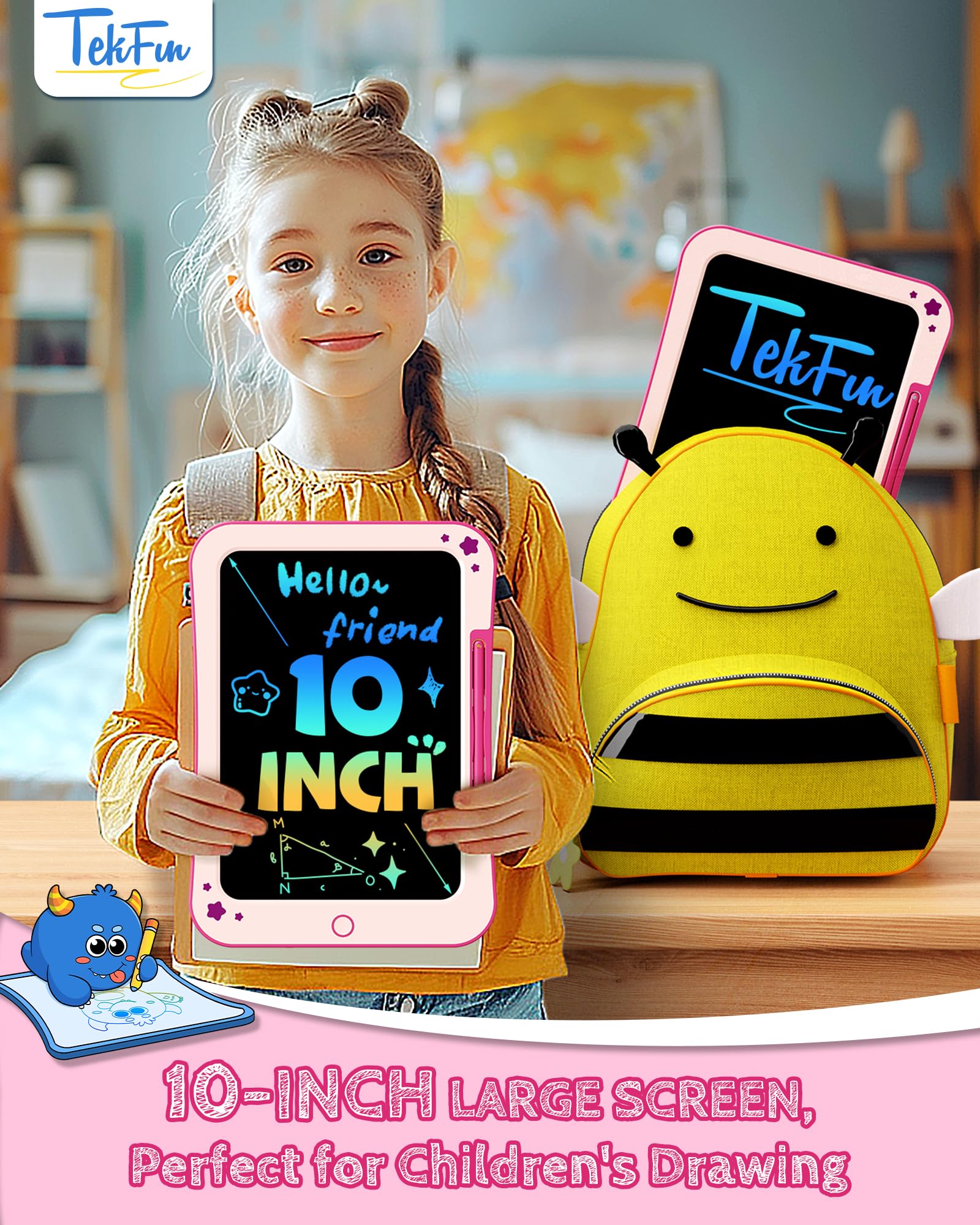 TEKFUN device with doodle scene showcasing kid drawing on the board