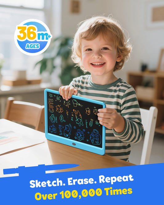 TEKFUN LCD writing tablet 12-inch blue drawing action shows kids creating art