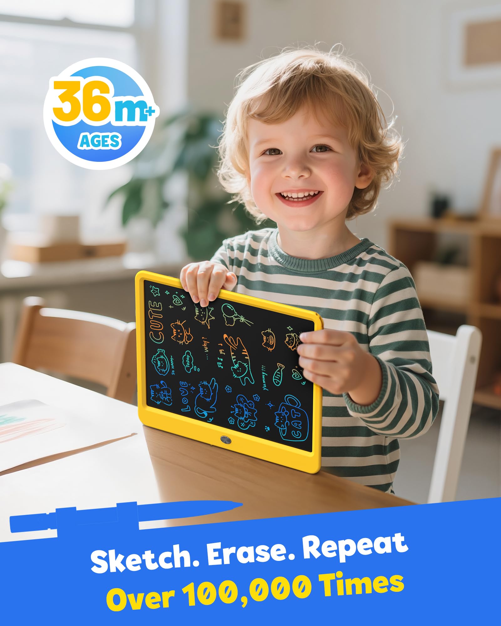 TEKFUN 12-inch color display shows vibrant doodles for kids' creativity.