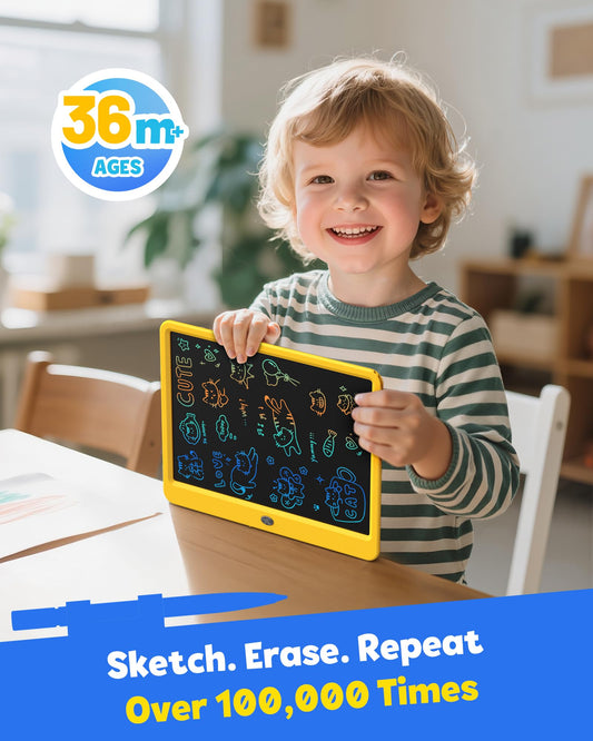 TEKFUN 12-inch color display shows vibrant doodles for kids' creativity.