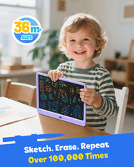 TEKFUN 12-inch purple tablet on a travel setup for kids