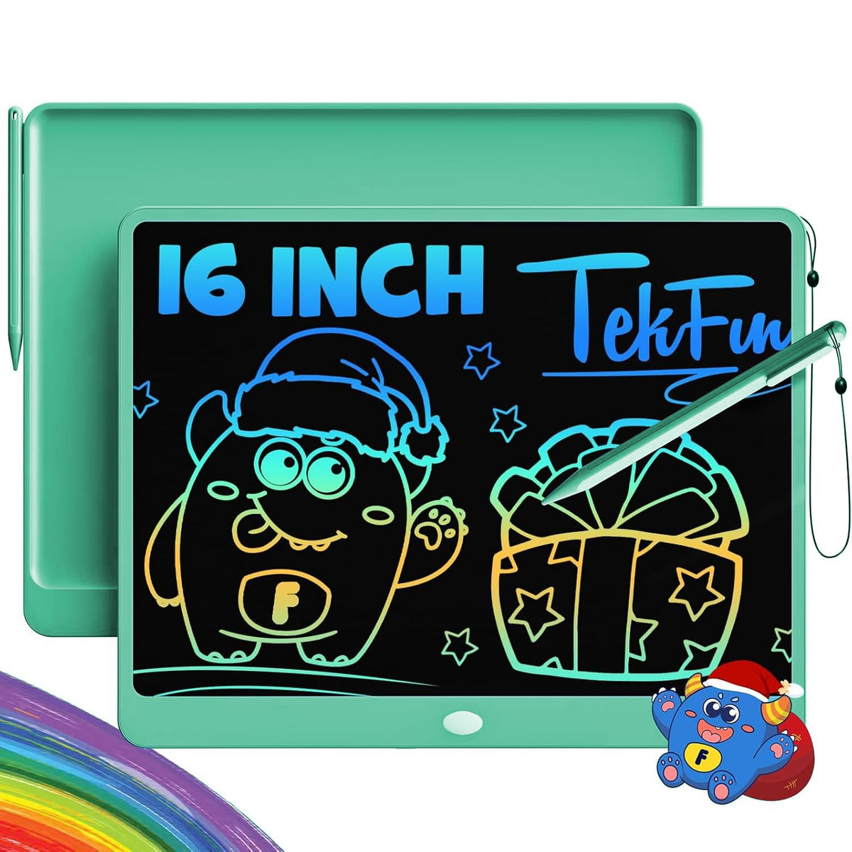 TEKFUN 16 inch LCD writing tablet front view with green frame for family doodling