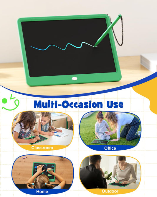 TEKFUN LCD writing tablet 16-inch green with colorful drawings for imagination.