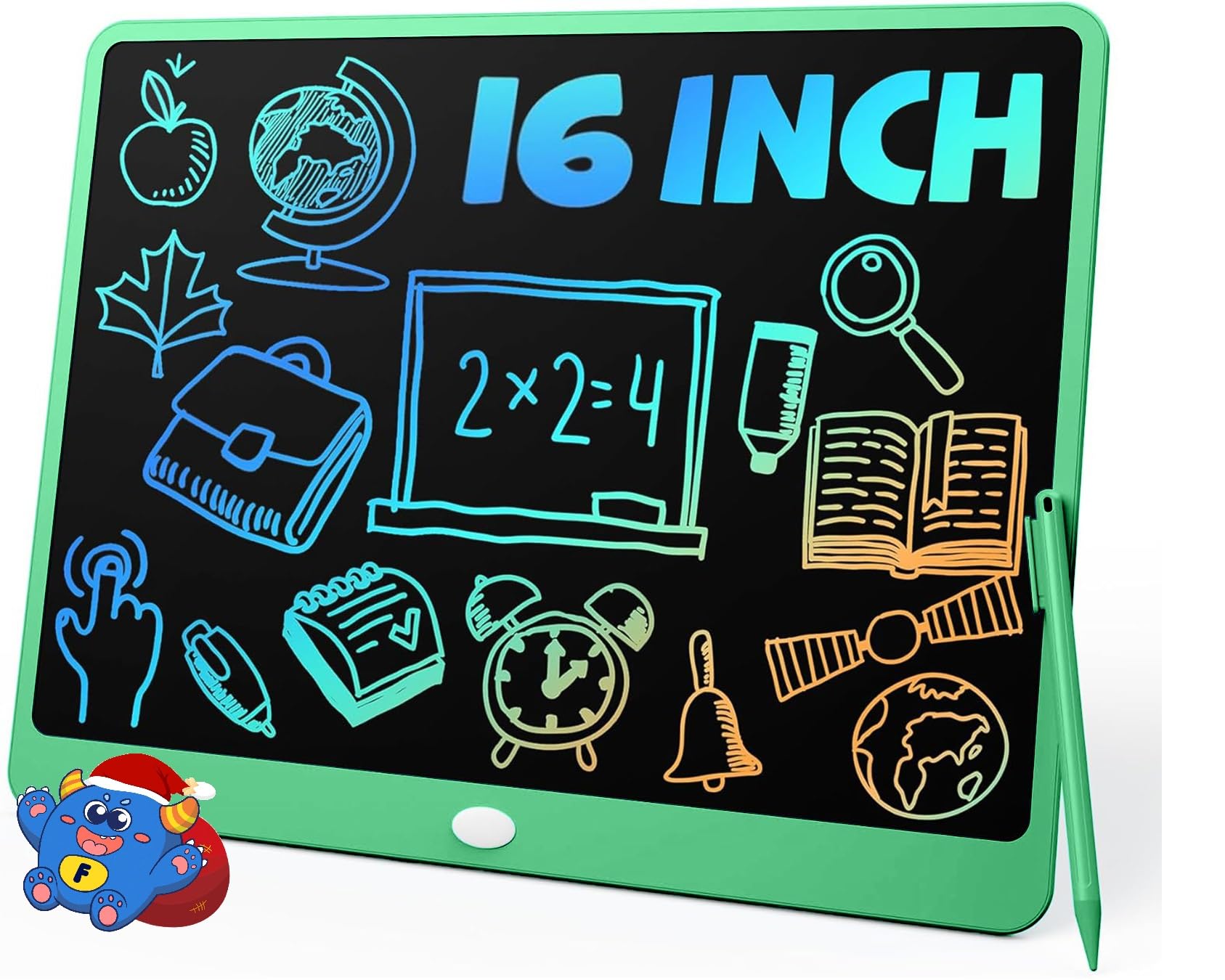 TEKFUN LCD writing tablet 16-inch green front view designed for creative play.