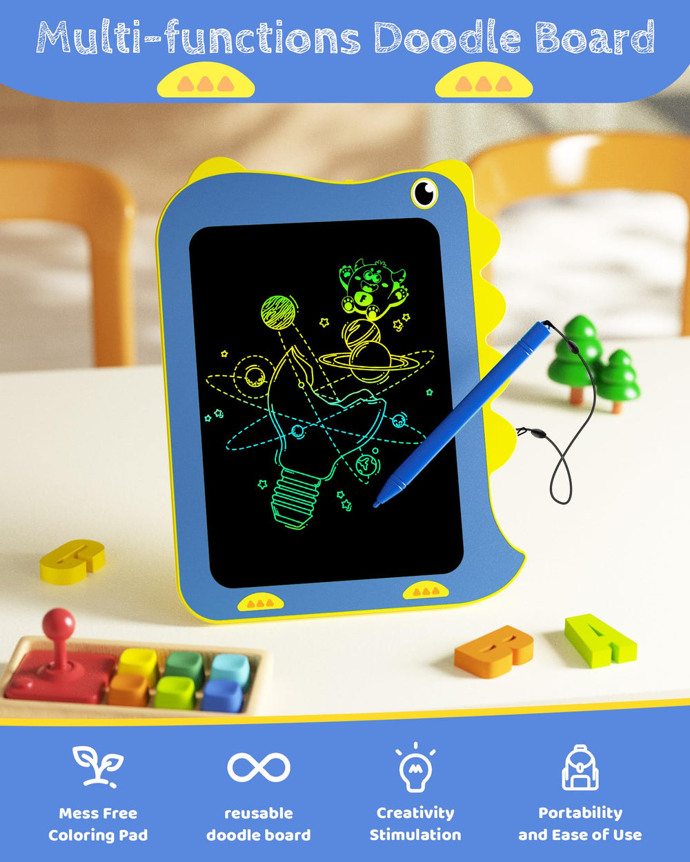 TEKFUN travel-friendly 147g LCD tablet ideal for car and plane activities.