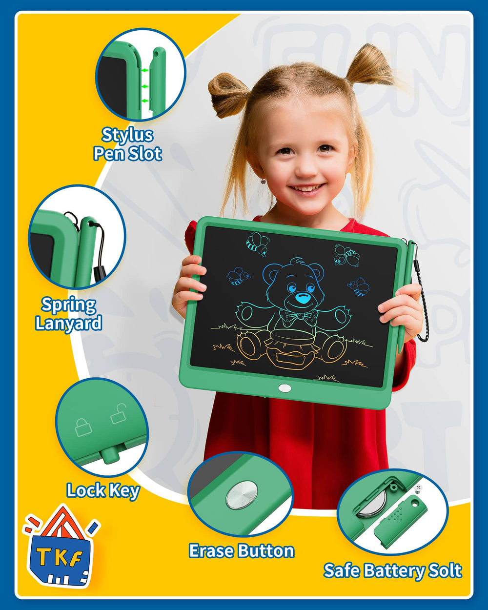 TEKFUN zero-mess doodle board prevents chalk dust and ink smudges.