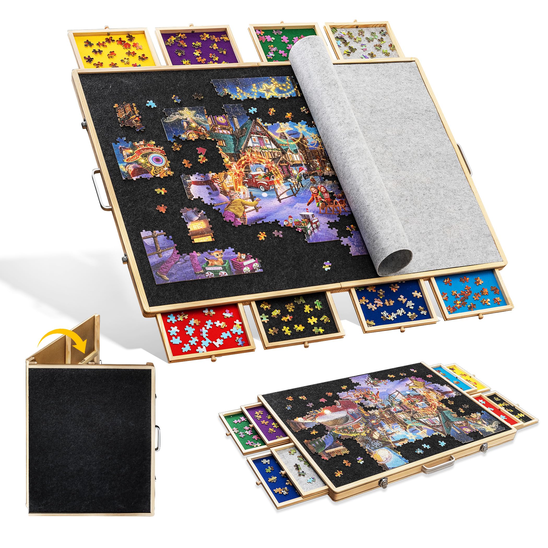 Tektalk foldable puzzle board with eight drawers keeps pieces organized during play