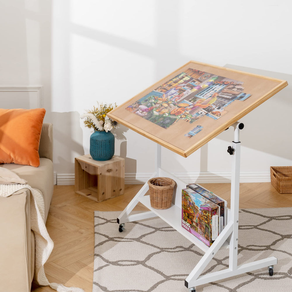 Tektalk folded against wall to save space when not assembling puzzles