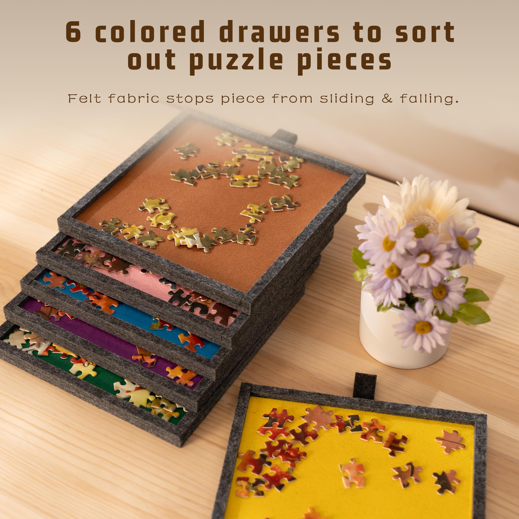 Tektalk six-color drawers organize puzzle pieces by color and size.