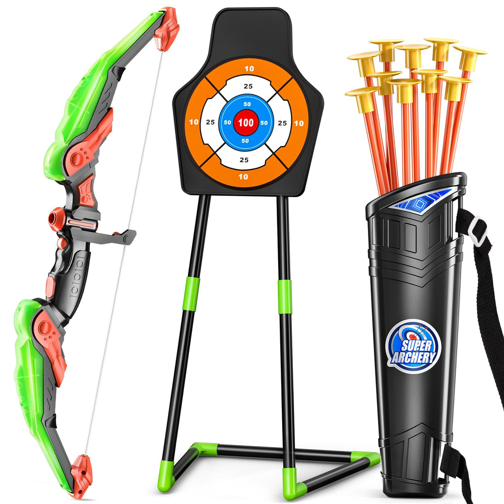 TEMI bow and arrow set with LED lights for easy tracking in dim play spaces.