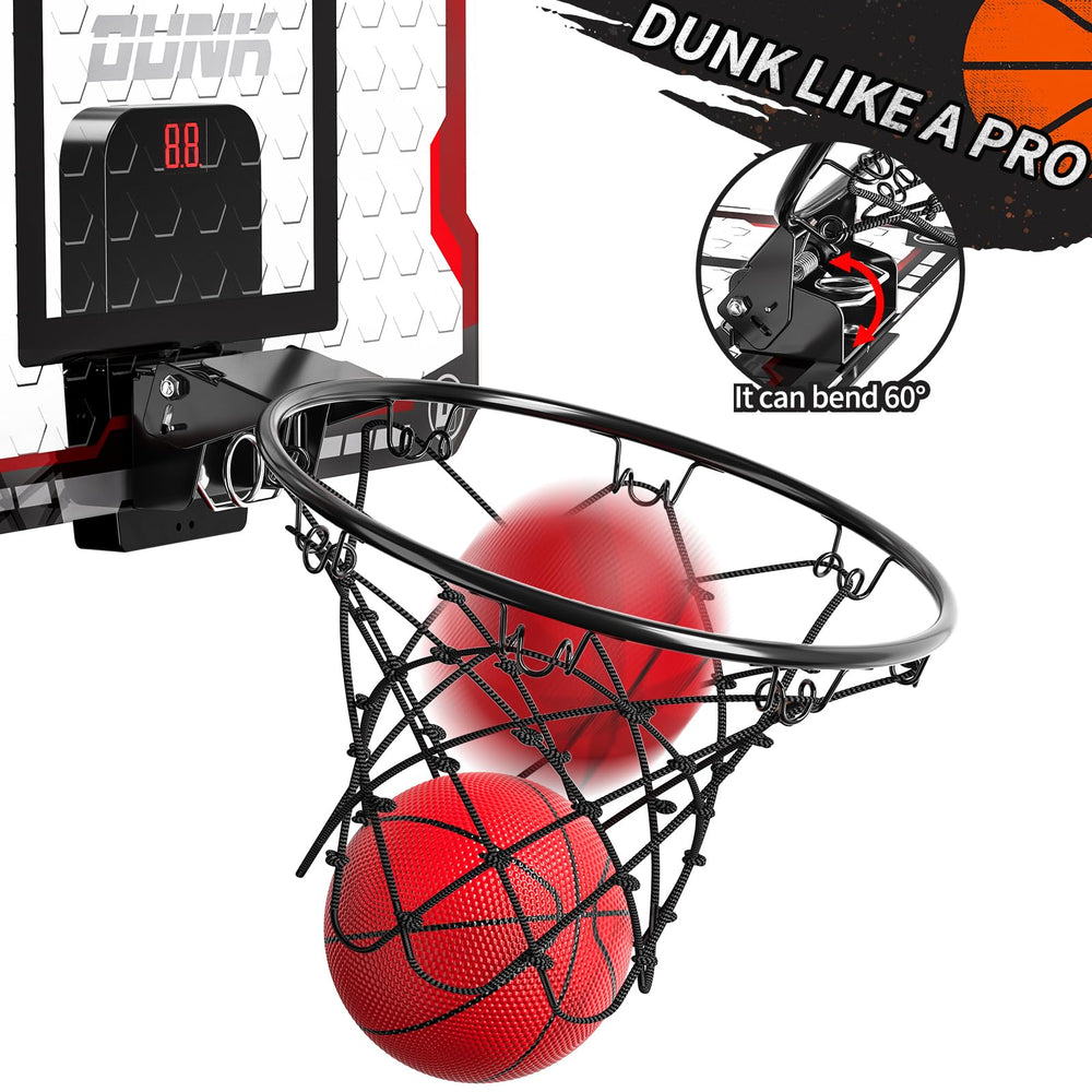TEMI dunk-breakaway rim at 60-degree angle enables realistic, satisfying shots.