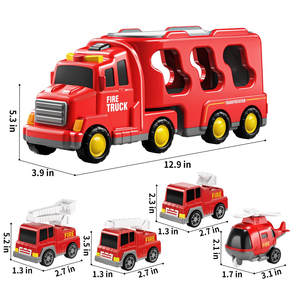 TEMI Fire Trucks tailgate open showing small cars for interactive loading
