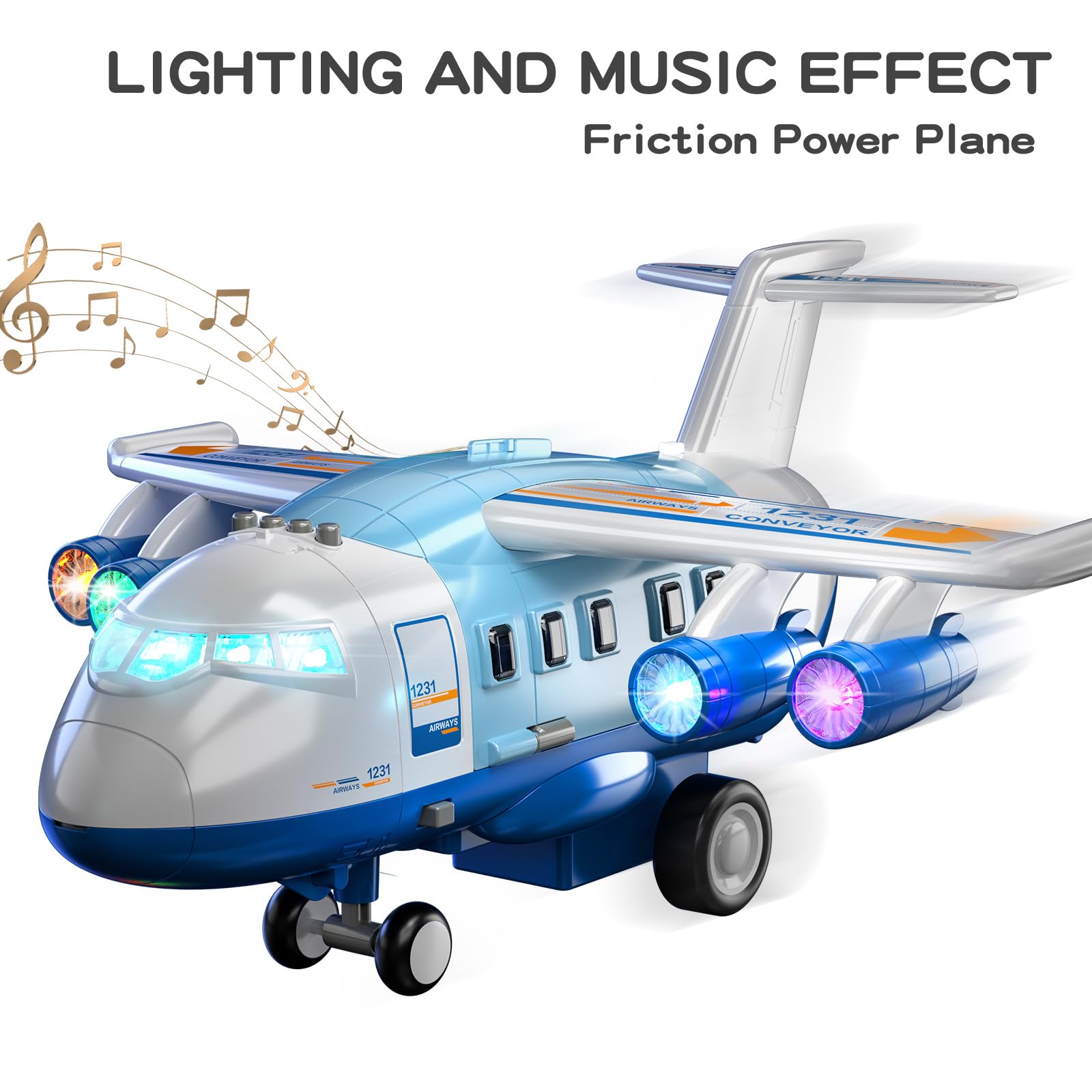 TEMI airplane toy with transport vehicles sliding from cabin for interactive pretend play.