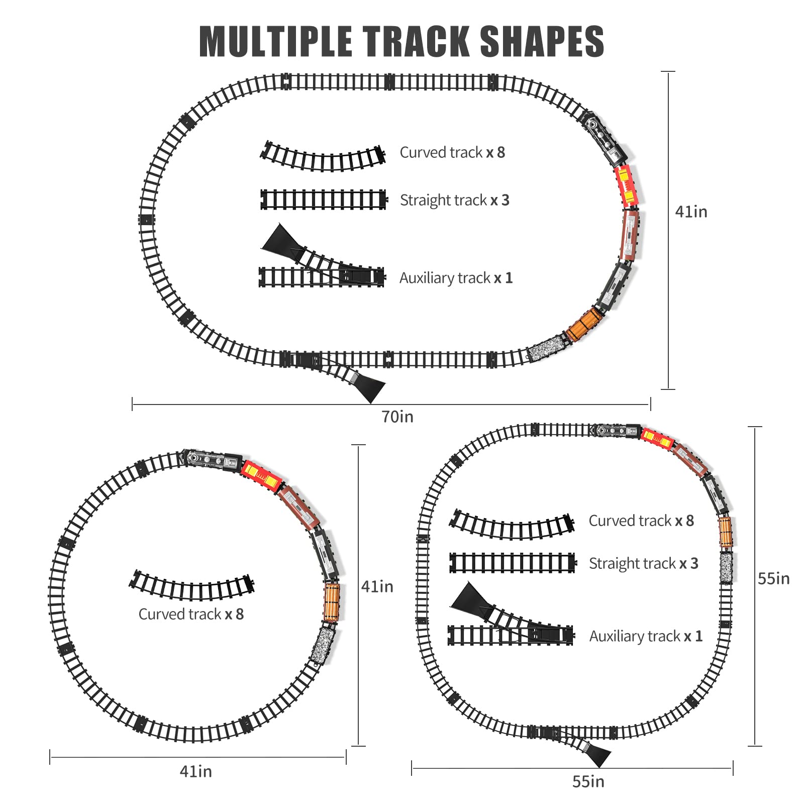 TEMI large train set track layout shows versatile shapes for hands-on building.