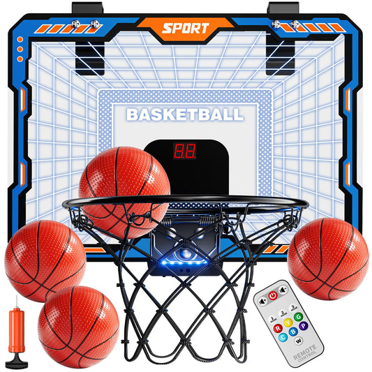 TEMI remote-control indoor basketball hoop with LED board for bright, adjustable play in any room.