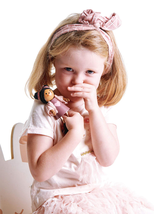 Tender Leaf Ayana with wool hair and cardigan for nurturing pretend play