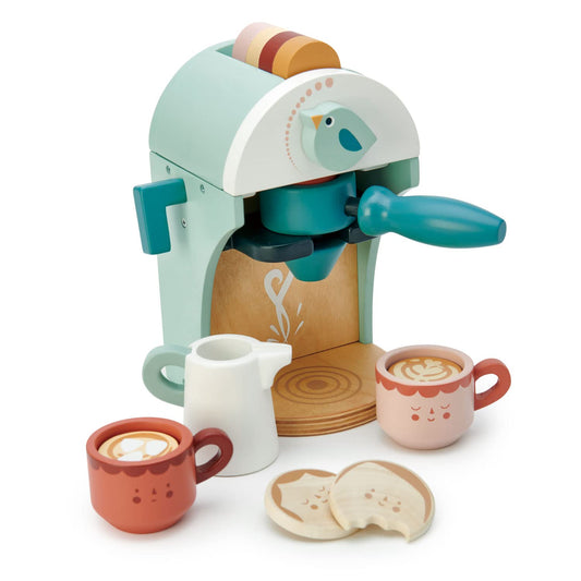 Tender Leaf Toys Babyccino Maker with espresso capsules and cups boosts imaginative play