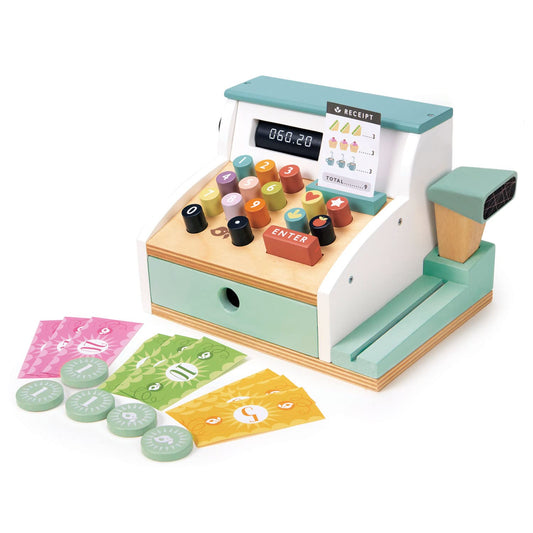 Tender Leaf Toys General Stores Till scanner in action, inspiring imaginative shopping roleplay.