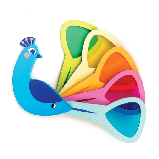 Tender Leaf Toys Peacock Colors wooden body invites color exploration for toddlers.