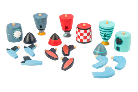 Tender Leaf Toys rocket construction assembly scene supports problem solving and stacking.