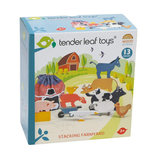 Tender Leaf Toys stacking farmyard tower image to inspire sequencing and balance.