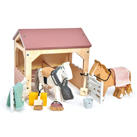 Tender Leaf Toys The Stables with two ponies and grooming tools for imaginative play